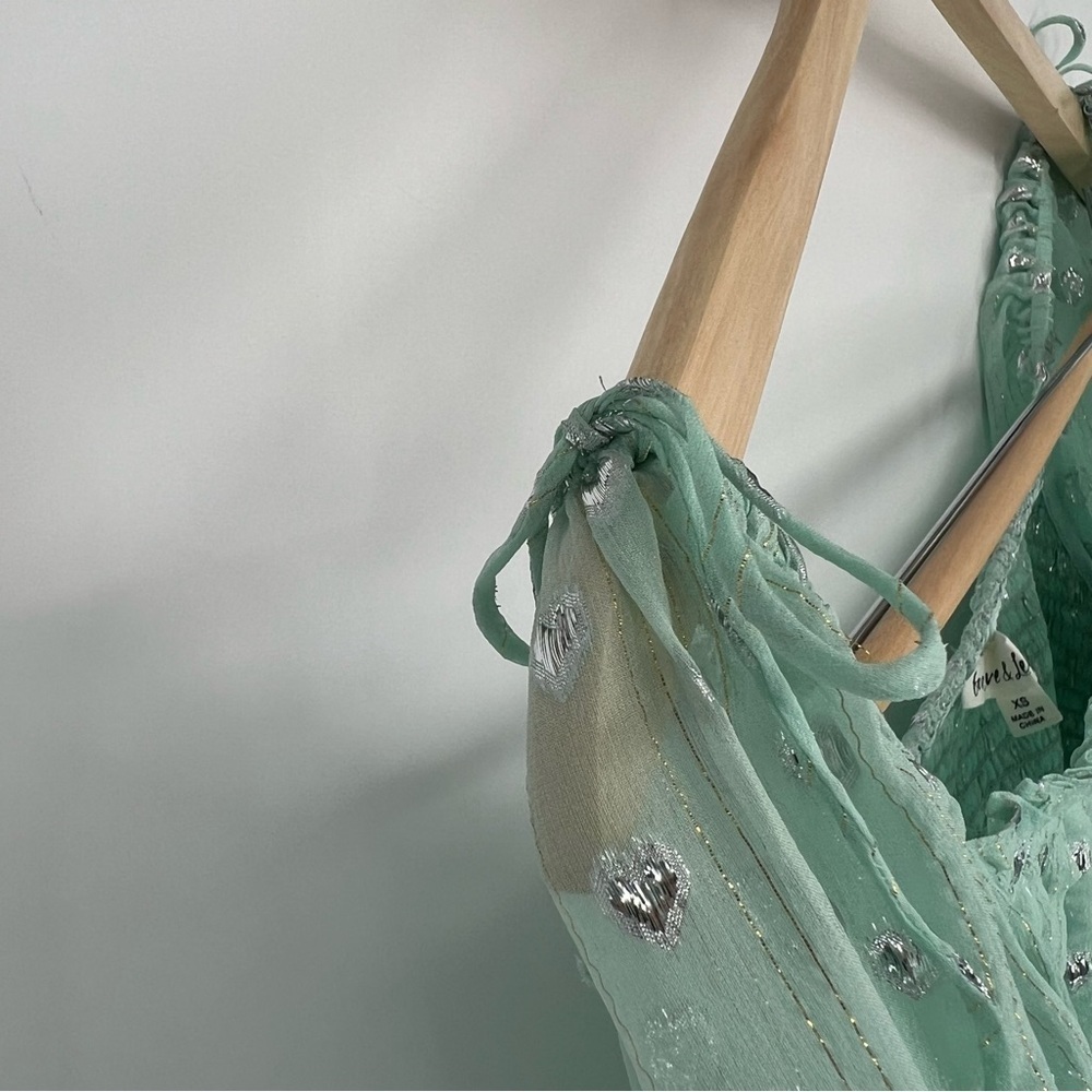 For Love & Lemons Mint Jana Blouse‎ Cropped Flowy Heart Print Tie Shoulders - Picture 8 of 13